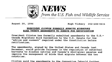 President Clinton Formally Submits Migratory Bird Treaty Amendments to Senate for Ratification August 20, 1996