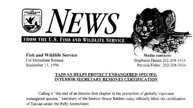Taiwan Helps Protect Endangered Species; Interior Secretary Removes Certificiation September 11, 1996