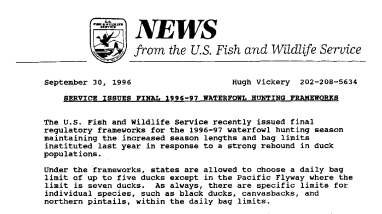 Service Issues Final 1996-97 Waterfowl Hunting Frameworks September 30, 1996
