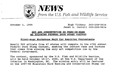 Art and Conservation Go Hand-In-Hand at Upcoming Federal Euck Stamp Contest October 01, 1996
