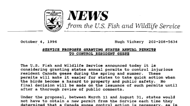 Service Proposes Granting States Annual Permits to Control Resident Geese October 04, 1996