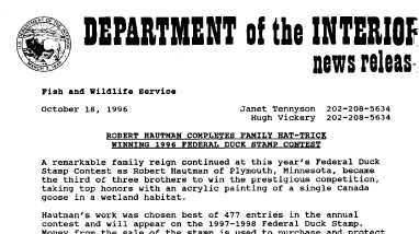 Robert Hautman Completes Family Hat-Trick Winning 1996 Federal Duck Stamp Contest October 18, 1996