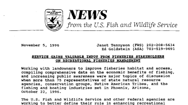 Service Gains Valuable Input From Fisheries Stakeholders on Recreational Fisheries Management November 05, 1996