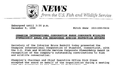 Champion International Corporation Earns Corporate Wildlife Stewardship Award for Endangered Species Protection Efforts December 05, 1996