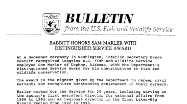 Babbitt Honors Sam Marler With Distinguished Award December 19, 1996