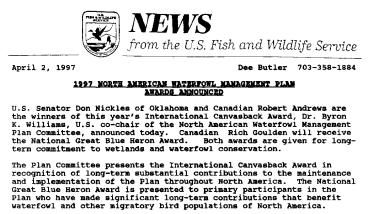 1997 North American Waterfowl Management Plan Awards Announced April 02,1997