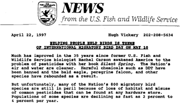 Helping People Help Birds in Theme of International Migratory Bird Day on May 10 April 22,1997