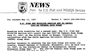 U.S. Fish and Wildlife Service Set to Unveil 1997-98 Federal Duck Stamp May 13,1997