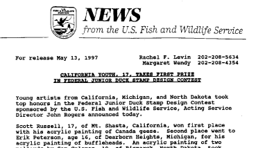 California Youth, 17, Takes First Prize in Federal Junior Duck Stamp Design Contest May 13, 1997