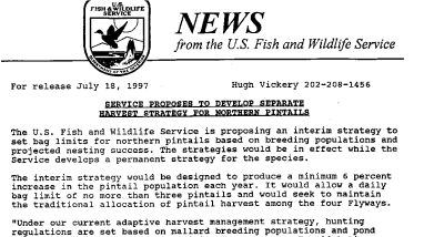 Service Proposes to Develop Separate Harvest Strategy for Northern Pintails July 18, 1997