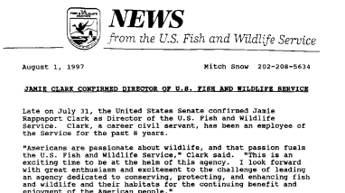 Jamie Clark Confirmed Director of U.S. Fish and Wildlife Service August 01,1997