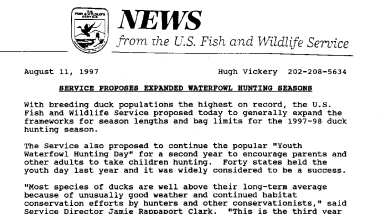 Service Proposes Expanded Waterfowl Hunting Seasons August 11, 1997