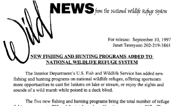New Fishing and Hunting Programs Added to National Wildlife Refuge System --September 10, 1997
