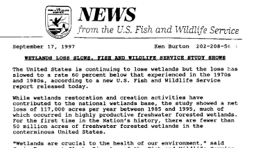 Wetlands Loss Slows, Fish and Wildlife Study Shows September 17, 1997