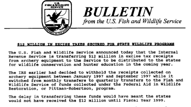 $12 Million in Excise Taxes Secured for State Wildlife Programs October 01,1997