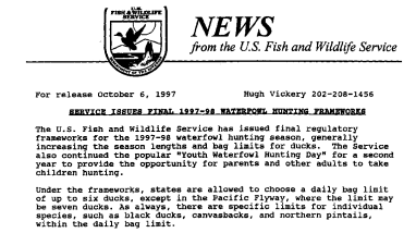 Service Issues Final 1997-98 Waterfowl Hunting Frameworks October 06,1997