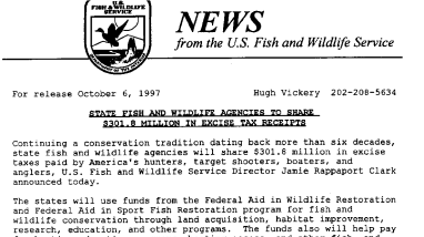 State Fish and Wildlife Agencies to Share $301.8 Million in Excise Tax Receipts October 06,1997