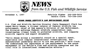 Adams Named Service's Law Enforcement Chief November 04,1997