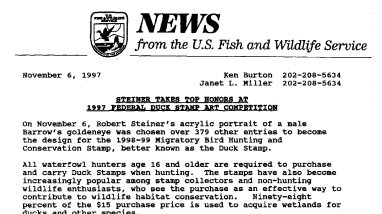Steiner Takes Top Honors at 1997 Federal Duck Stamp Art Competition November 06,1997