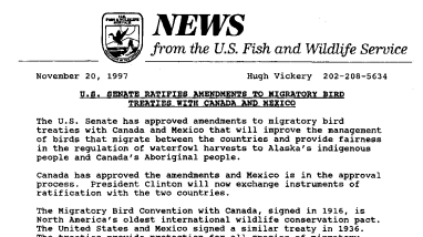 U.S. Senate Ratifies Amendments to Migratory Bird Treaties With Canada and Mexico November 20,1997