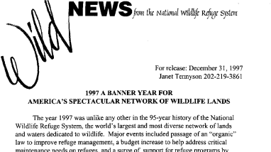 1997 A Banner Year for America's Spectacular Network of Wildlife Lands December 31, 1997
