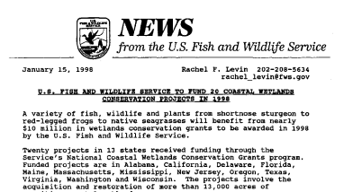 U.S. Fish and Wildlife Service to Fund 20 Coastal Wetlands January 15, 1998