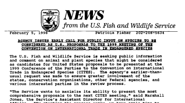 Agency Issues Early Call for Public Input on Species to Be Considered as U.S. Proposals to the 199 Meeting of the Convention on International Trade in Endangered Species February 05,1998