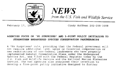Agencies Focus on 'No Surprises' and 5-Point Policy Initiative to Strengthen Endangered Species Conservation Partnerships February 17,1998