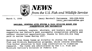 Anglers, Hunters Give States A $426 Million Boost for Conservation and Recreation March 05,1998