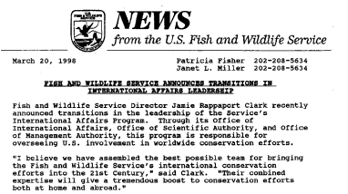 Fish and Wildlife Service Announces Transitions in International Affairs Leadership March 20, 1998