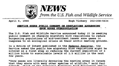 Service Seeks Public Comment on Regulations Addressing Snow Goose Overpopulation April 06,1998