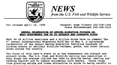 Annual Celebration of Spring Migration Focuses on What Homeowners Can Do to Attract and Conserve Birds April 16,1998