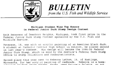 Michigan Student Wins Top Honors in Federal Junior Duck Stamp Design Constest May 01,1998