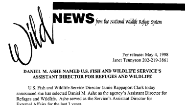 Daniel M. Ashe Named U.S. Fish and Wildlife Service's Assistant Director for Refuges and Wildlife May 04,1998