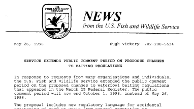 Service Extends Public Comment Period on Proposed Changes to Baiting Regulations May 26, 1998