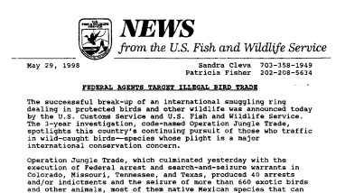 Federal Agents Target Illegal Bird Trade May 29, 1998