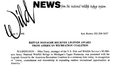 Refuge Manager Receives Legends Award From American Recreation Coalition June 09,1998