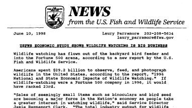 Usfws Economic Study Shows Wildlife Watching Is Big Business June 10. 1998