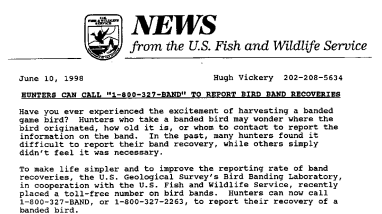 Hunters Can Call "1-800-327-Band" to Report Bird Band Recoveries June 10, 1998
