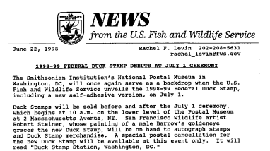 1998-99 Federal Duck Stamp Debuts at July 1 Ceremony June 22, 1998