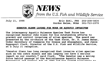 Senator Glenn Lauded for Work on Aquatic Invasives July 21, 1998