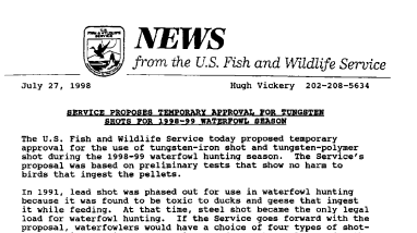 Service Proposes Temporary Approval for Tungsten Shots for 1998-99 Waterfowl Season July 27, 1998