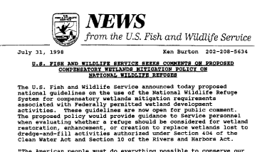 U.S. Fish and Wildlife Service Seeks Comments on Proposed Compensatory Wetlands Mitigation Policy on National Wildlife Refuges July 31, 1998