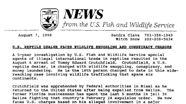 U.S. Reptile Dealer Faces Wildlife Smuggling and Conspiracy Charges August 07,1998