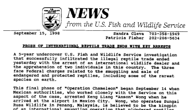 Probe of International Reptile Trade Ends With Key Arrests September 15, 1998