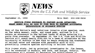 Service Funds Research to Prevent Alien Invasions; Grant Money Will Be Used to Find Ways to Prevent Accidental Introduction of Nuisance Species September 24, 1998