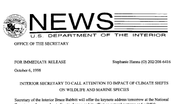 Interior Secretary to Call Attention to Impact of Climate Shifts on Wildlife and Marine Species October 06, 1998