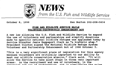 Fish and Wildlife Service Hails Volunteer-Partnership Enhancement Act October 08, 1998