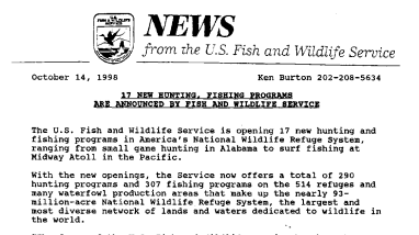 17 New Hunting, Fishing Programs Are Announced by Fish and Wildlife Service October 14, 1998
