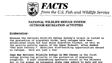 National Wildlife Refuge System Outdoor Recreation Activities October 14, 1998